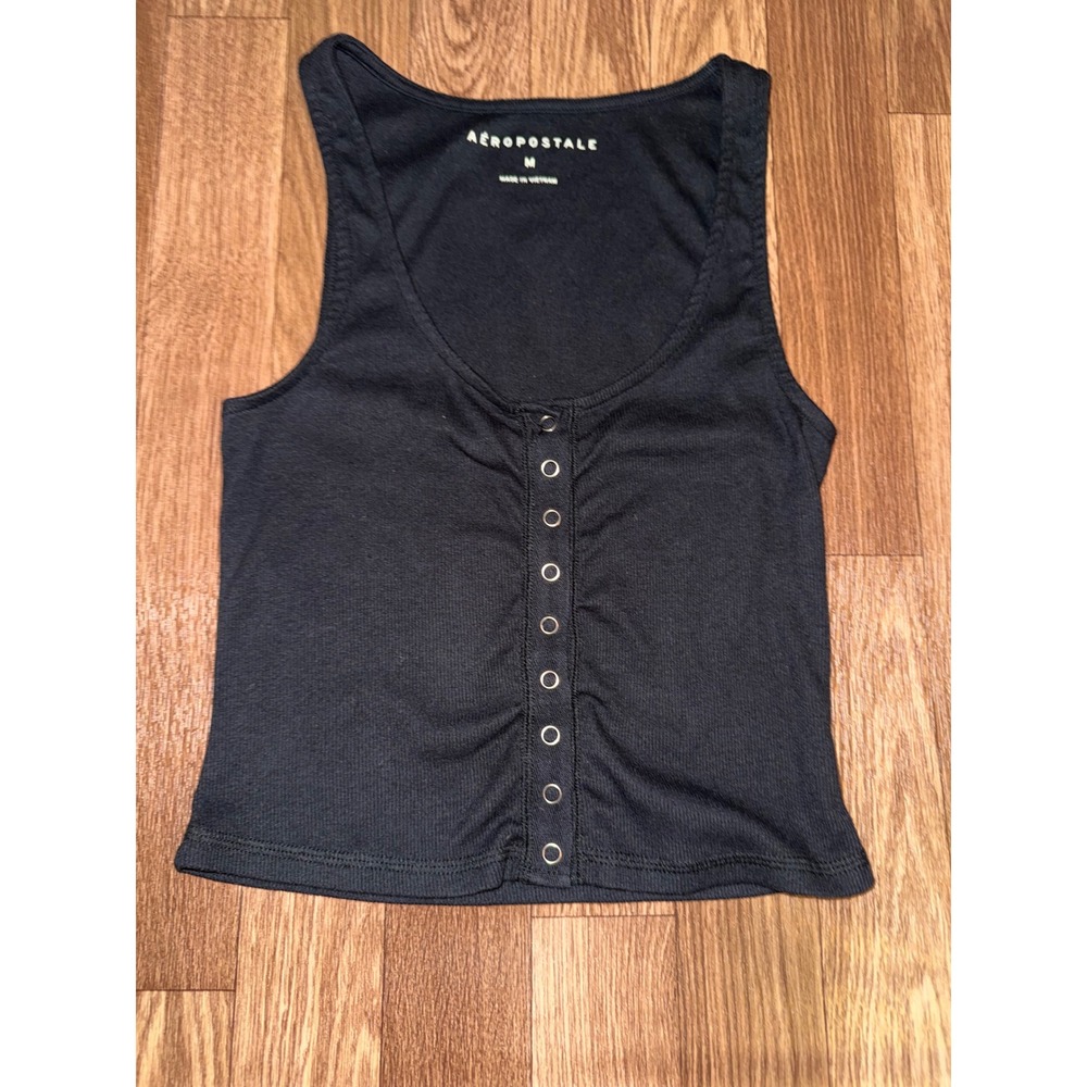 Aeropostale Womens Ribbed Snap Front Tank Top Dark Gray Black Slim Fit Medium